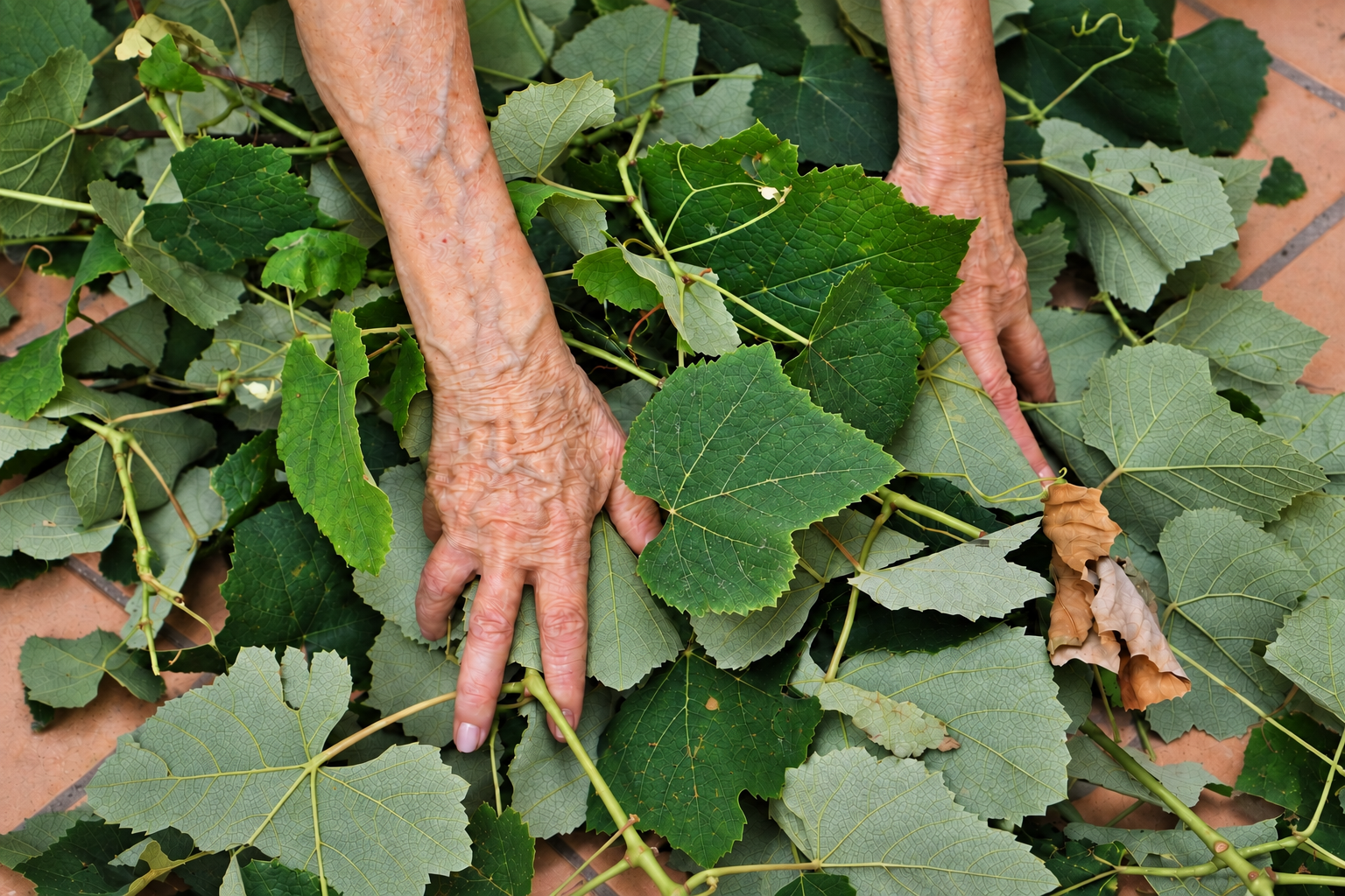 Due mani raccolgono rami e foglie della pergola sul pavimento in cotto