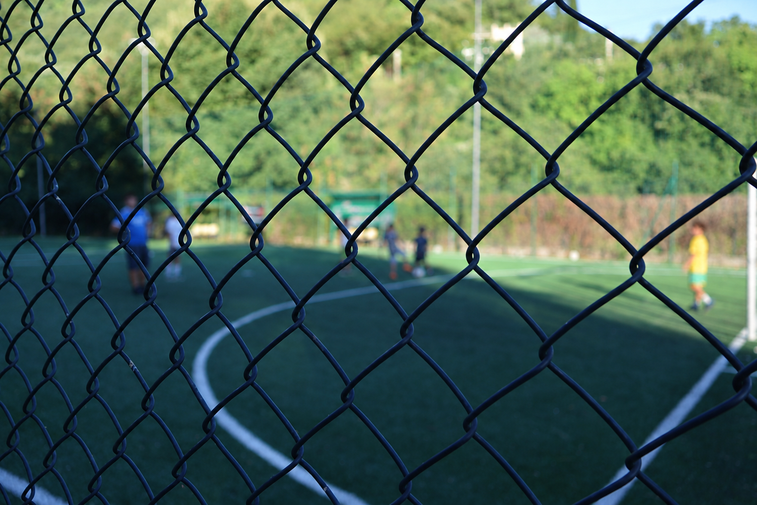 Bambini giocano a pallone su un campo, con una rete in primo piano e alberi sullo sfondo
