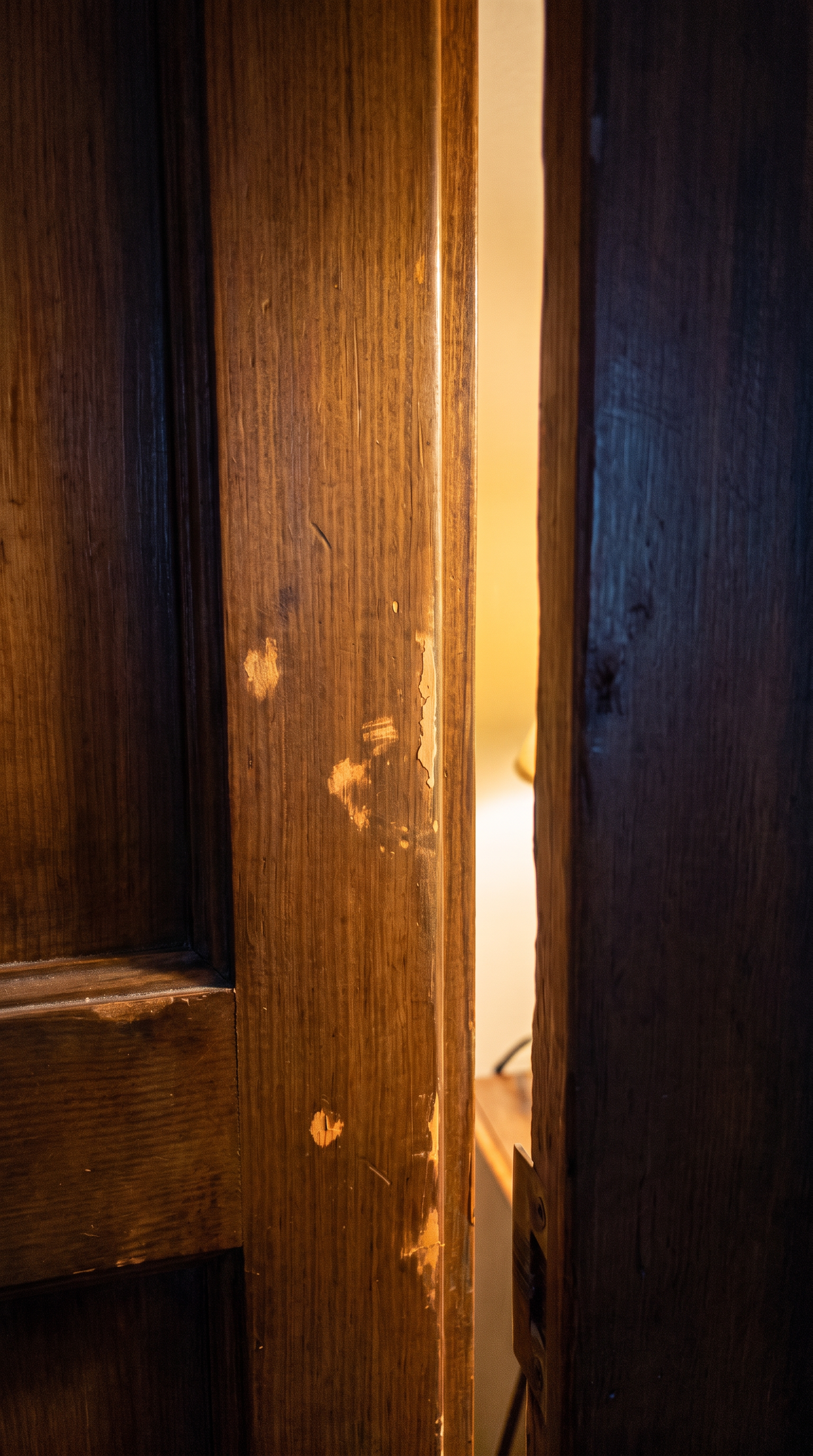 Una vecchia porta in legno scuro, segnata dal tempo e socchiusa sulla luce calda di casa