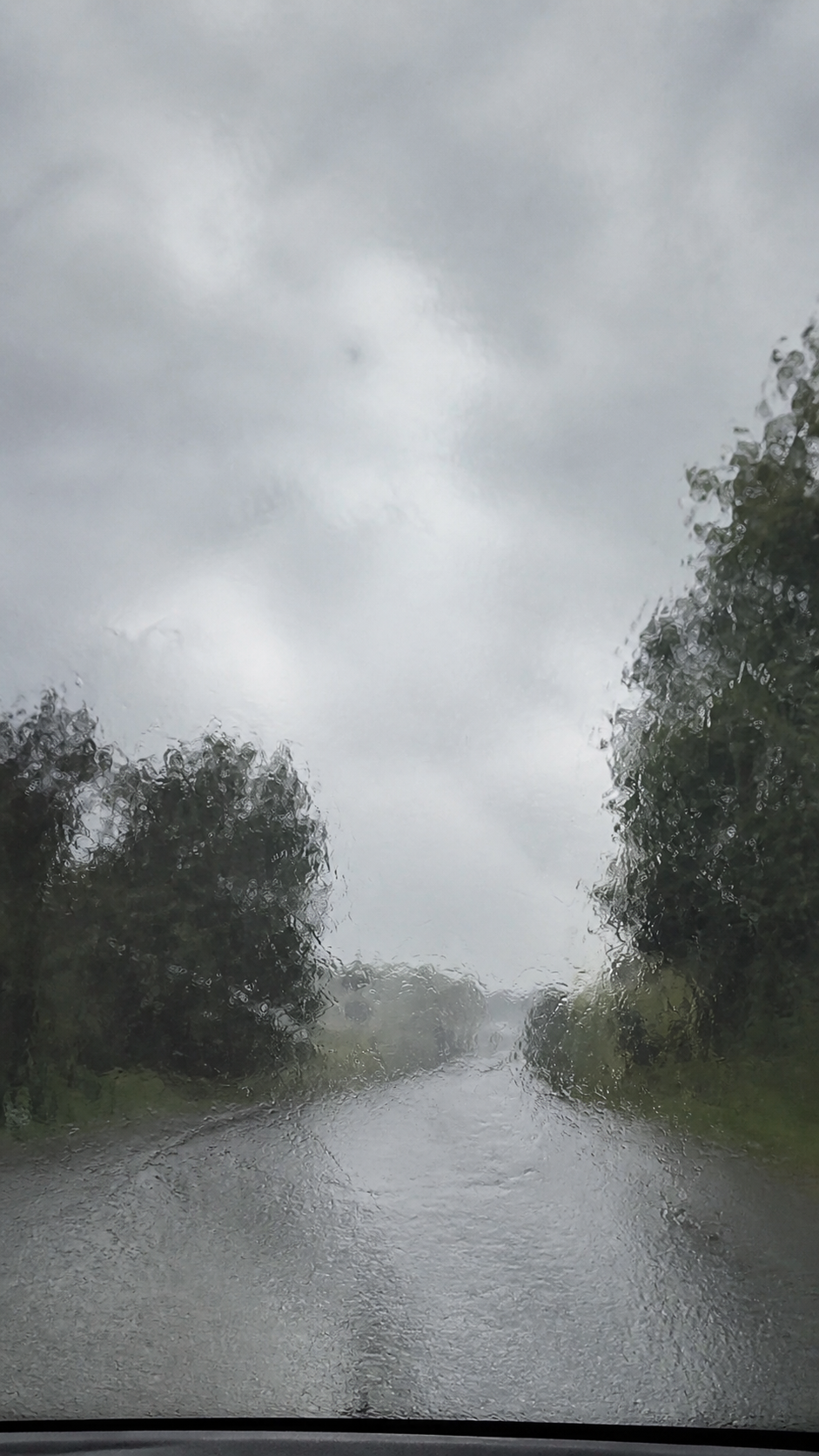 Pioggia sul parabrezza mentre la strada resta visibile