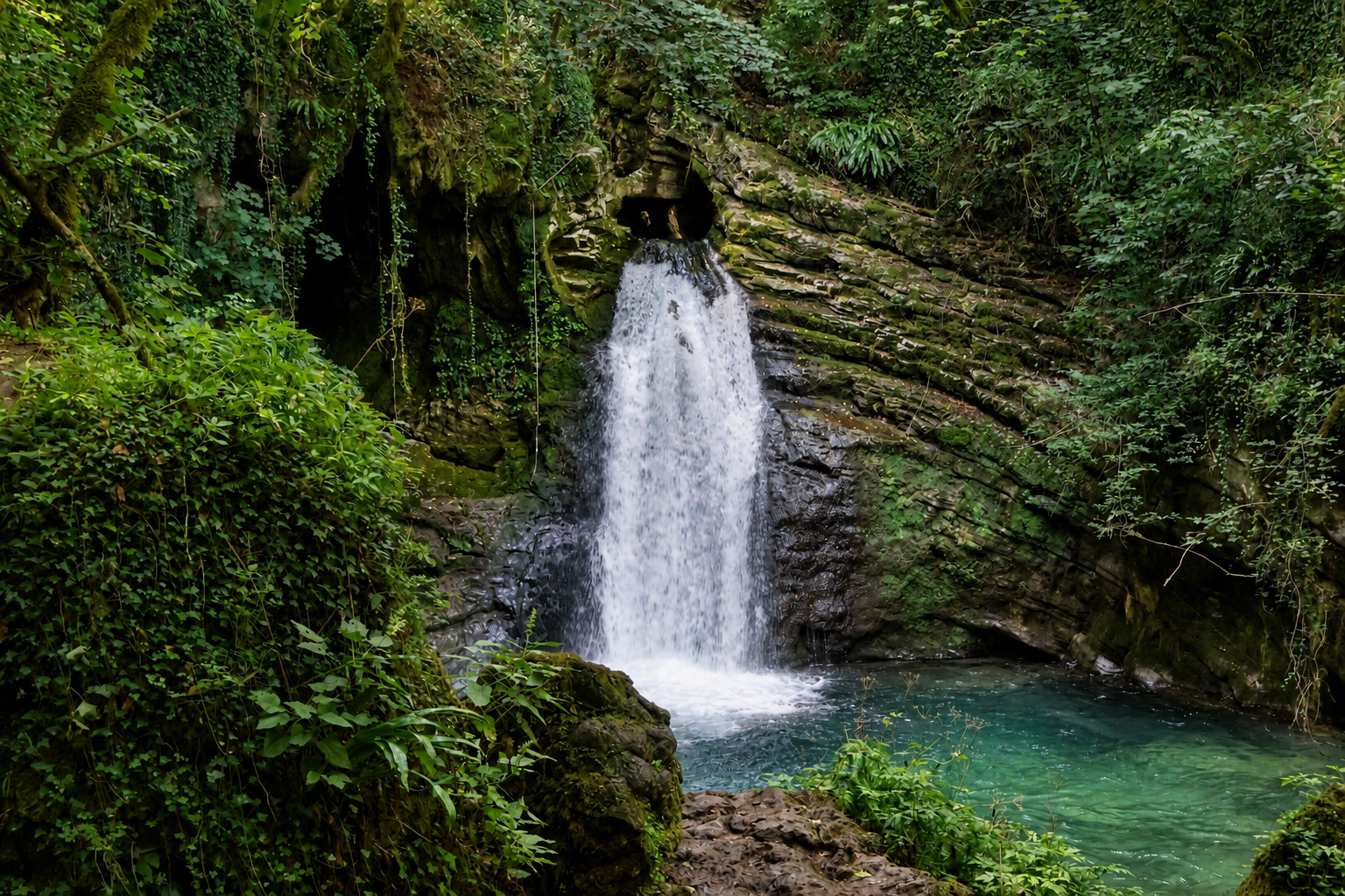 Una cascata attraversa una parete di roccia nel verde